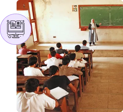 Students in a traditional classroom facing the blackboard