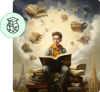 A student reading, surrounded by books and world landmarks
